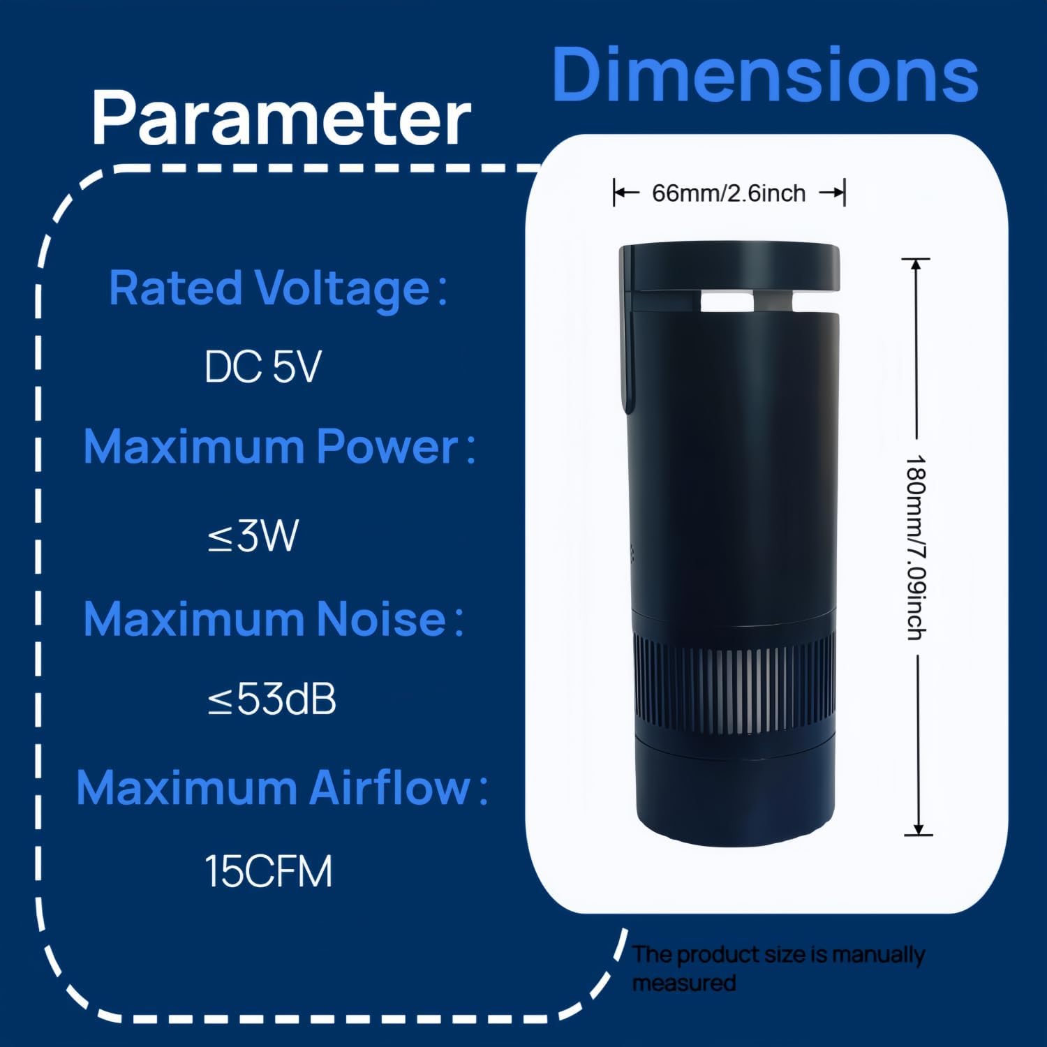 Aluminum alloy Portable Air Purifier for Car and Home, Black,  5V, 15 Airflow, Negative Ion Purification, 3-Speed Adjustment, Quiet Operation ≤53dB,7.09in*2.6in*2.6in