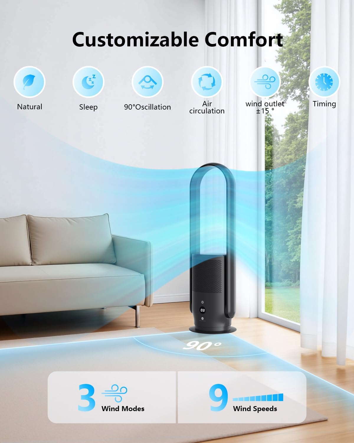 Bladeless Tower Fan and Air Purifier in one, Quiet Tower Fan with Remote, Touch, 9 Speeds, 8H Timer, Filter 99.97%, 90° Oscillation Fans, Floor Fans Powerful for Home Office Room, Black