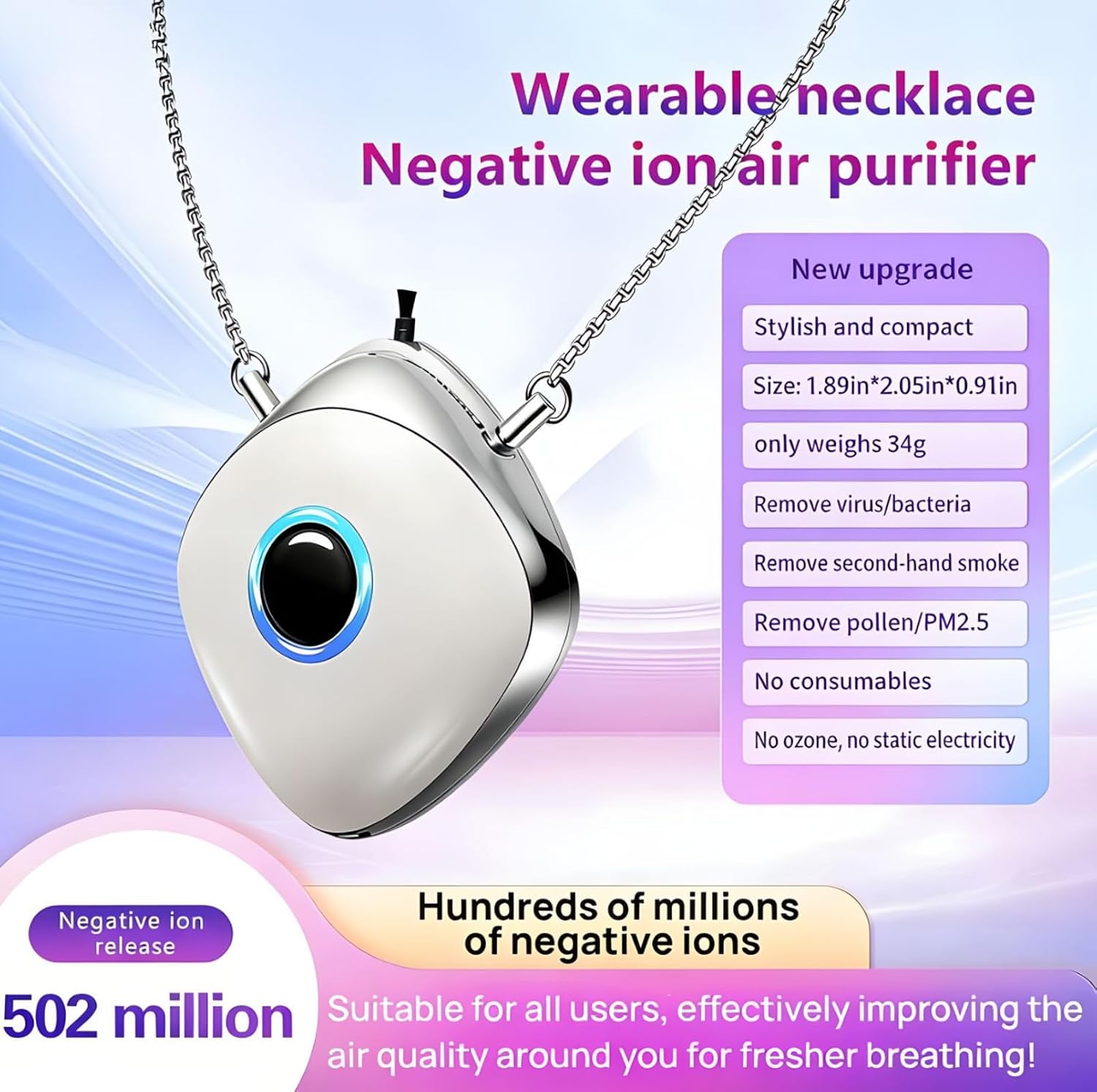 Personal Air Purifier, Wearable Air Purifier Necklace, 502 Million/cm³ High-Speed Negative Ion Generator Eliminates Dust, Pollen, Smoke, Maintenance Free(Pearl White)